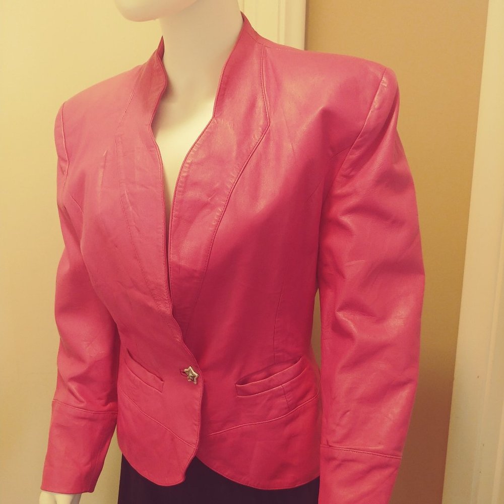 Hottest Pink Leather Jacket w Peplum Waist, Scalloped neckline and Star Button!
